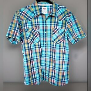 Levis Mens Short Sleeve Pearl Snap Slim Shirt Blue/Green/Yellow/Pink Plaid Large